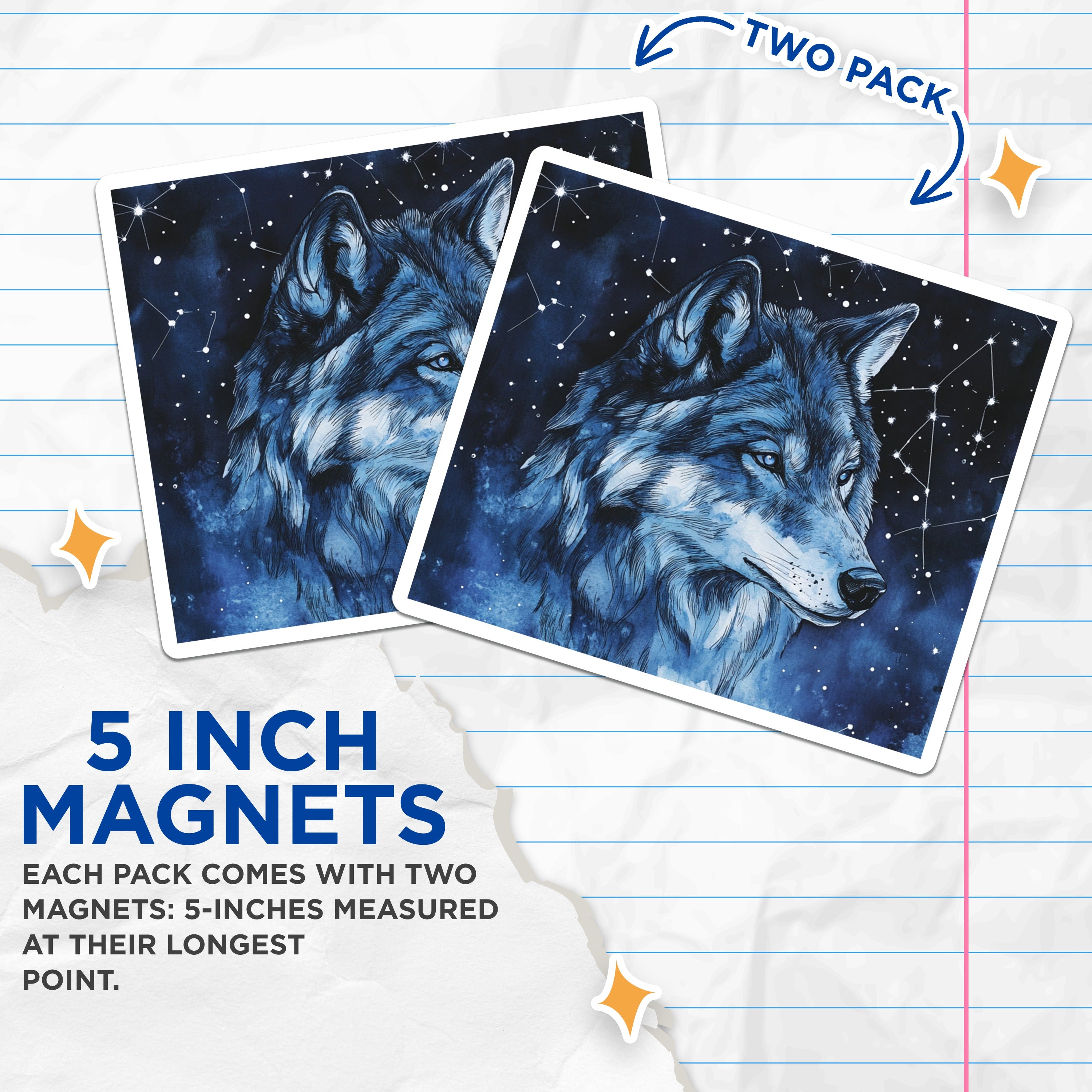 (2 Pack) Watercolor Wolf Magnets - Starry Night Animal Art - Cosmic Fridge Decor - 5 Inches On Longest Side - Thick Durable Magnet - Made in USA - MAG39390