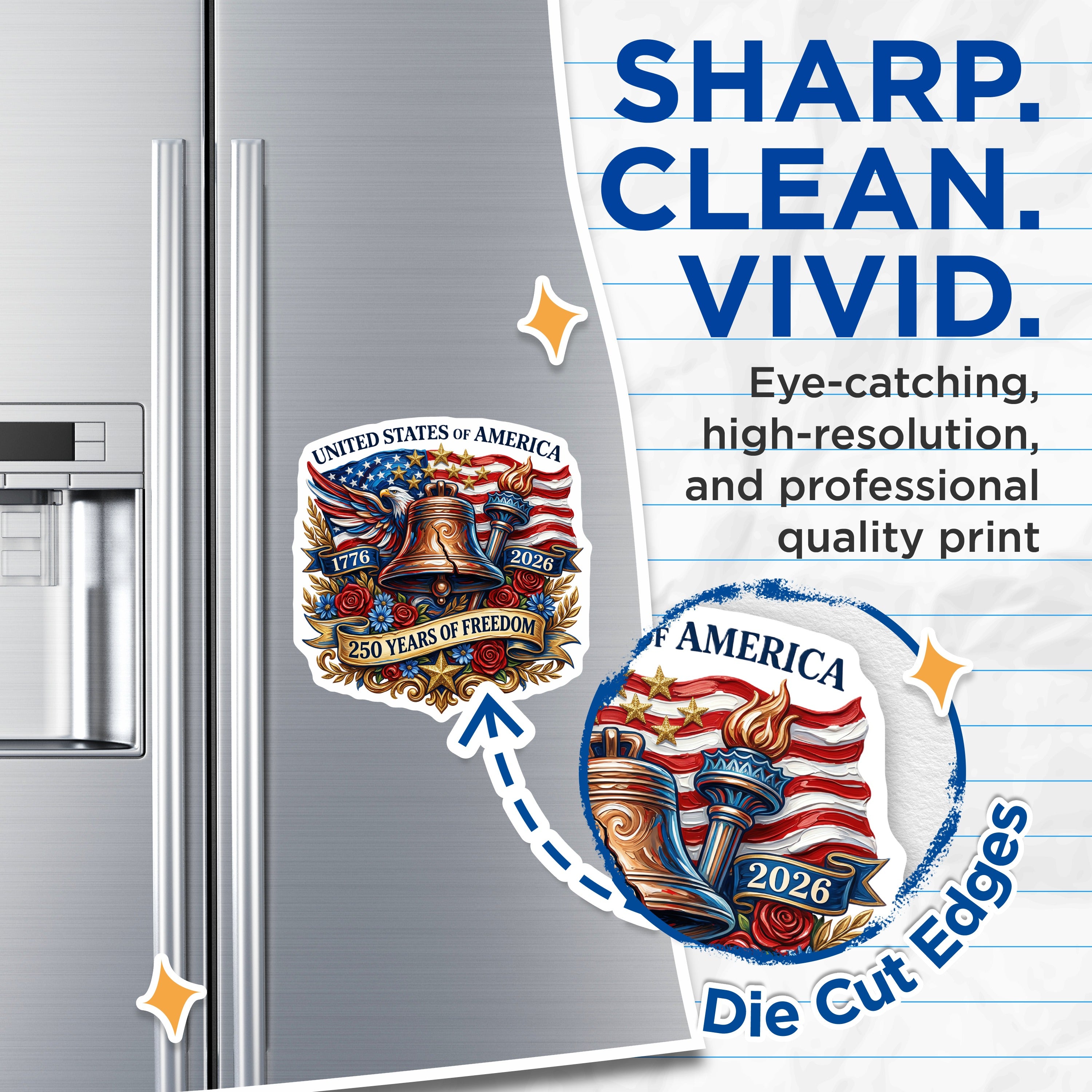 (2 Pack) 250 Years Freedom Magnets - American Heritage Decor - Patriotic USA Commemorative - 5 Inches On Longest Side - Thick Durable Magnet - Made in USA - MAG37498