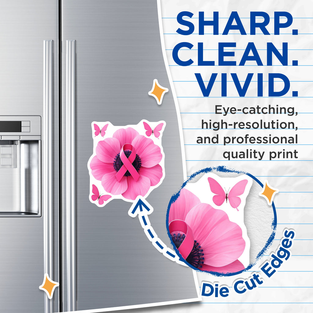 (2 Pack) Breast Cancer Awareness Magnets - Pink Ribbon Flower - Butterfly Survivor Support Decor - 5 Inches On Longest Side - Thick Durable Magnet - Made in USA - MAG36961