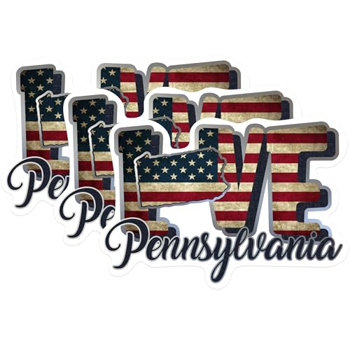 (3 Pack) Pennsylvania Love Decals - American Flag Stickers - PA Laptop Decals - 3 Inches On Longest Side - Easy Peel & Apply - Made in USA - 3MCS0329