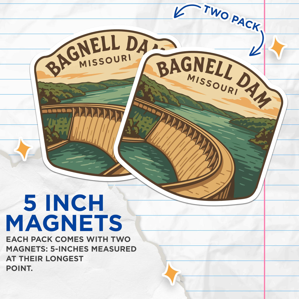 (2 Pack) Bagnell Dam Magnets - Missouri Landmark Art - Lake of the Ozarks Souvenir - Retro Travel Decor - 5 Inches On Longest Side - Thick Durable Magnet - Made in USA - MAG19651