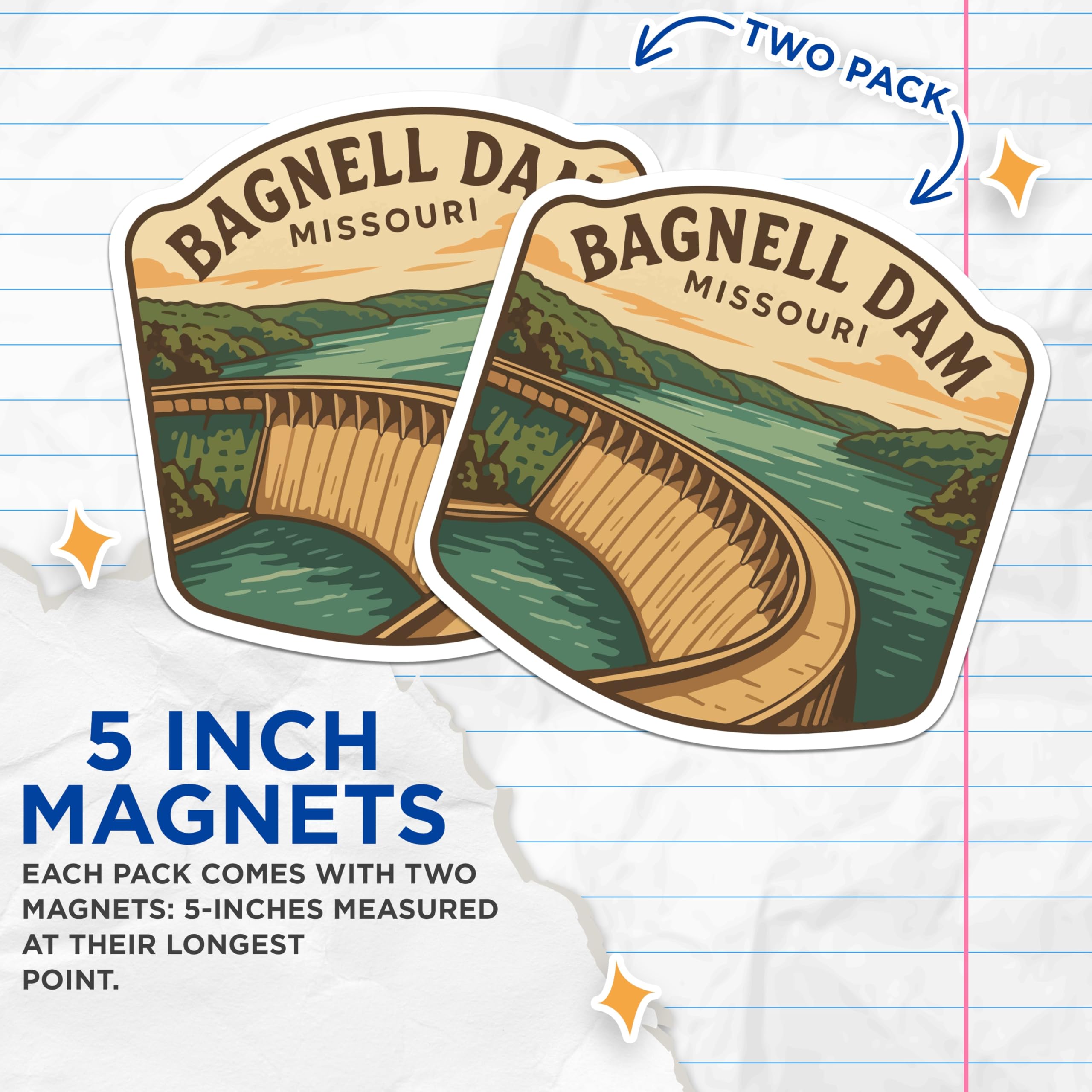 (2 Pack) Bagnell Dam Magnets - Missouri Landmark Art - Lake of the Ozarks Souvenir - Retro Travel Decor - 5 Inches On Longest Side - Thick Durable Magnet - Made in USA - MAG19651