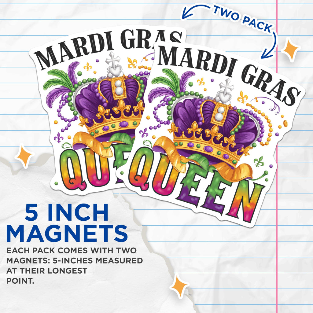 (2 Pack) Mardi Gras Queen Magnets - Purple Crown Decorations - Carnival Magnets - 5" On Longest Side - Premium Magnet - for Cars, Refrigerators, Toolboxes, Lockers - Made in USA - MAG15768