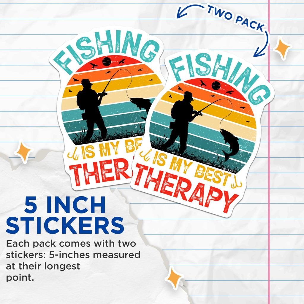 (2 Pack) Fishing is My Best Therapy Stickers - Funny Fishing Stickers - Outdoor Fisherman Stickers - 5" On Longest Side - Sticks to Smooth Flat Surfaces - Made in USA - BMCS3991