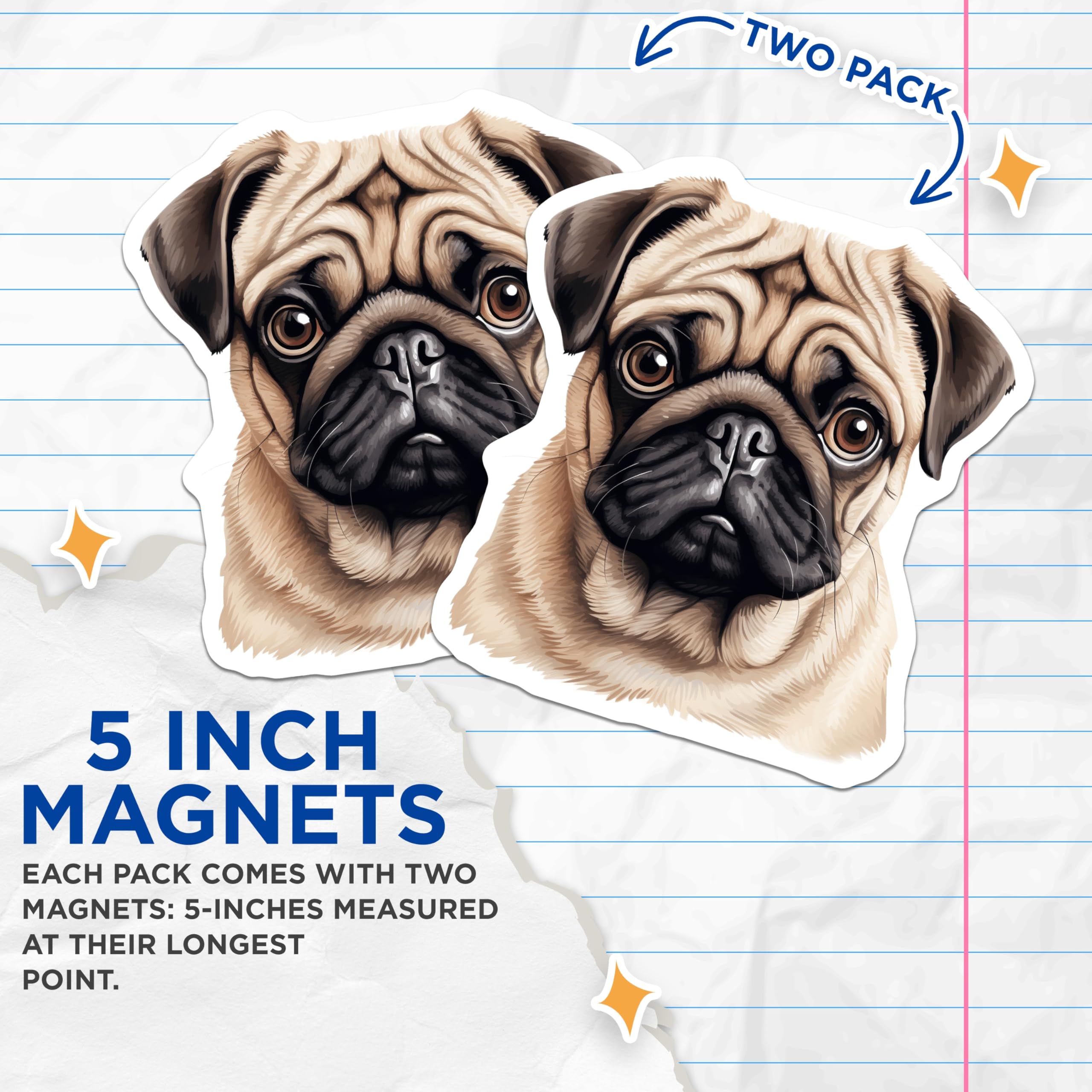 (2 Pack) Pug Dog Magnets - Pet Lover Decor - Animal Fridge Accessory - 5 Inches On Longest Side - Thick Durable Magnet - Made in USA - MAG30115
