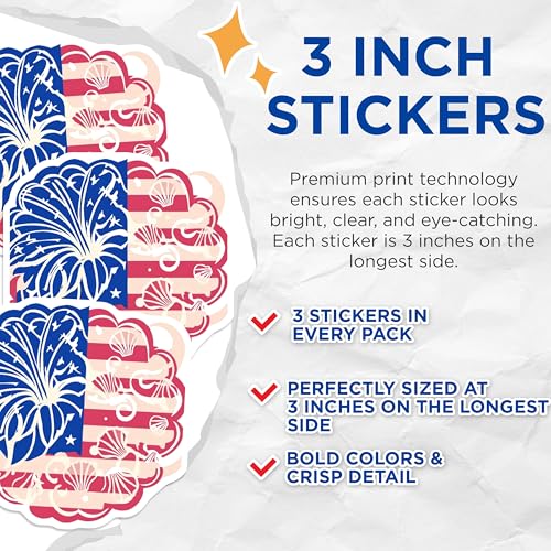 (3 Pack) Patriotic Decals - USA Flag Decal - Seashell Decal - 3 Inches On Longest Side - Easy Peel & Apply - Made in USA - 3MCS7748