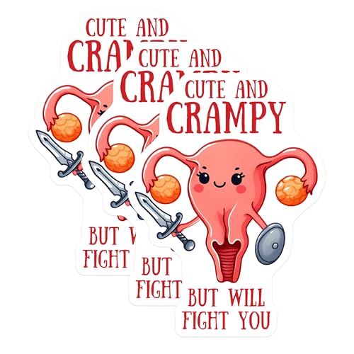 (3 Pack) Cute Crampy Decals - Uterus Warrior Stickers - Funny Laptop Stickers - 3 Inches On Longest Side - Easy Peel & Apply - Made in USA - 3MCS8436