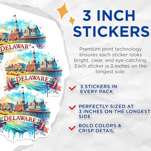 (3 Pack) Delaware Decals - State Landmark Stickers - Beach Town Laptop Decal- 3 Inches On Longest Side - Easy Peel & Apply - Made in USA - 3MCS5586