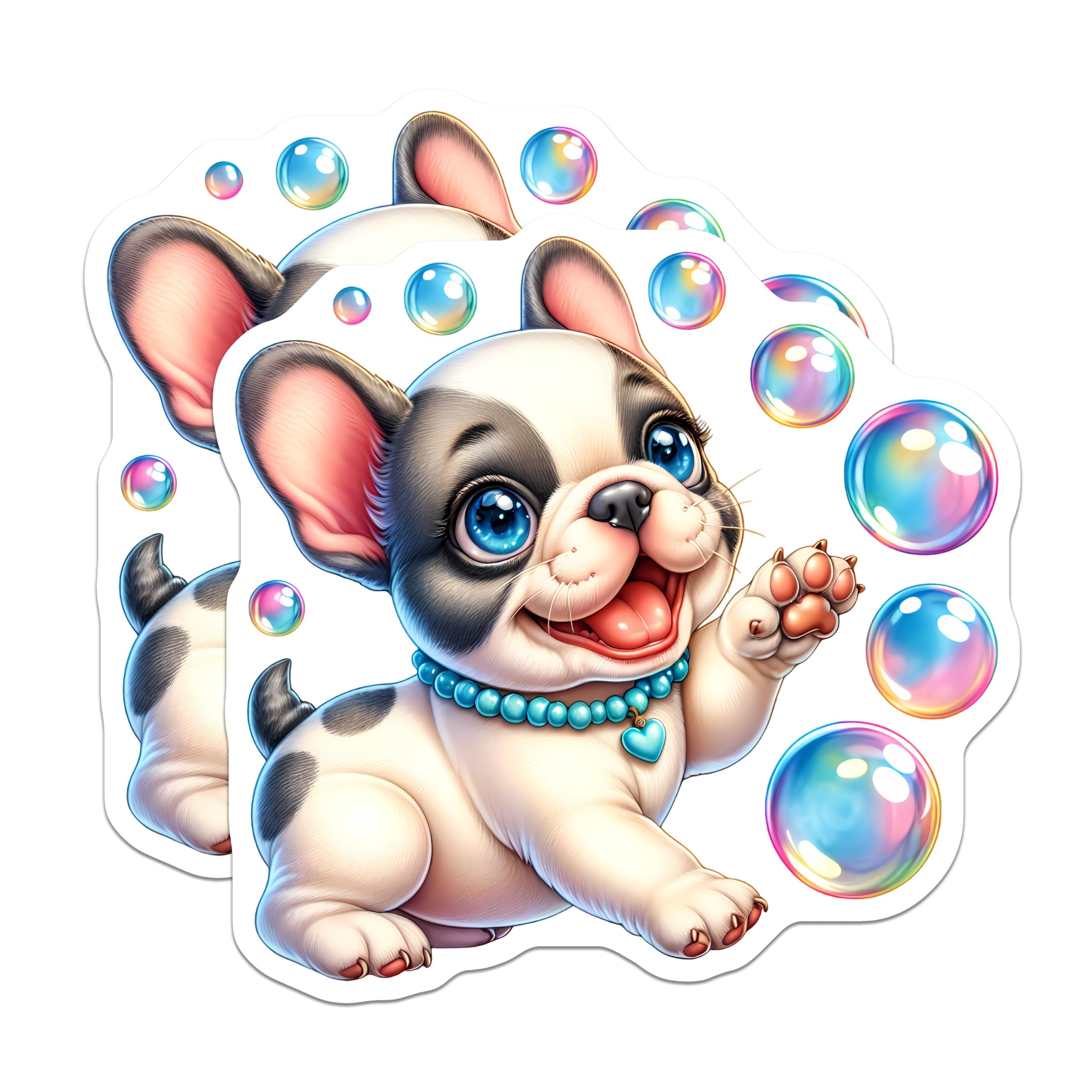 (2 Pack) Cute French Bulldog Stickers - Puppy with Bubbles - Adorable Dog Decal - 5" On Longest Side - Sticks to Smooth Flat Surfaces - Made in USA - BMCS9611