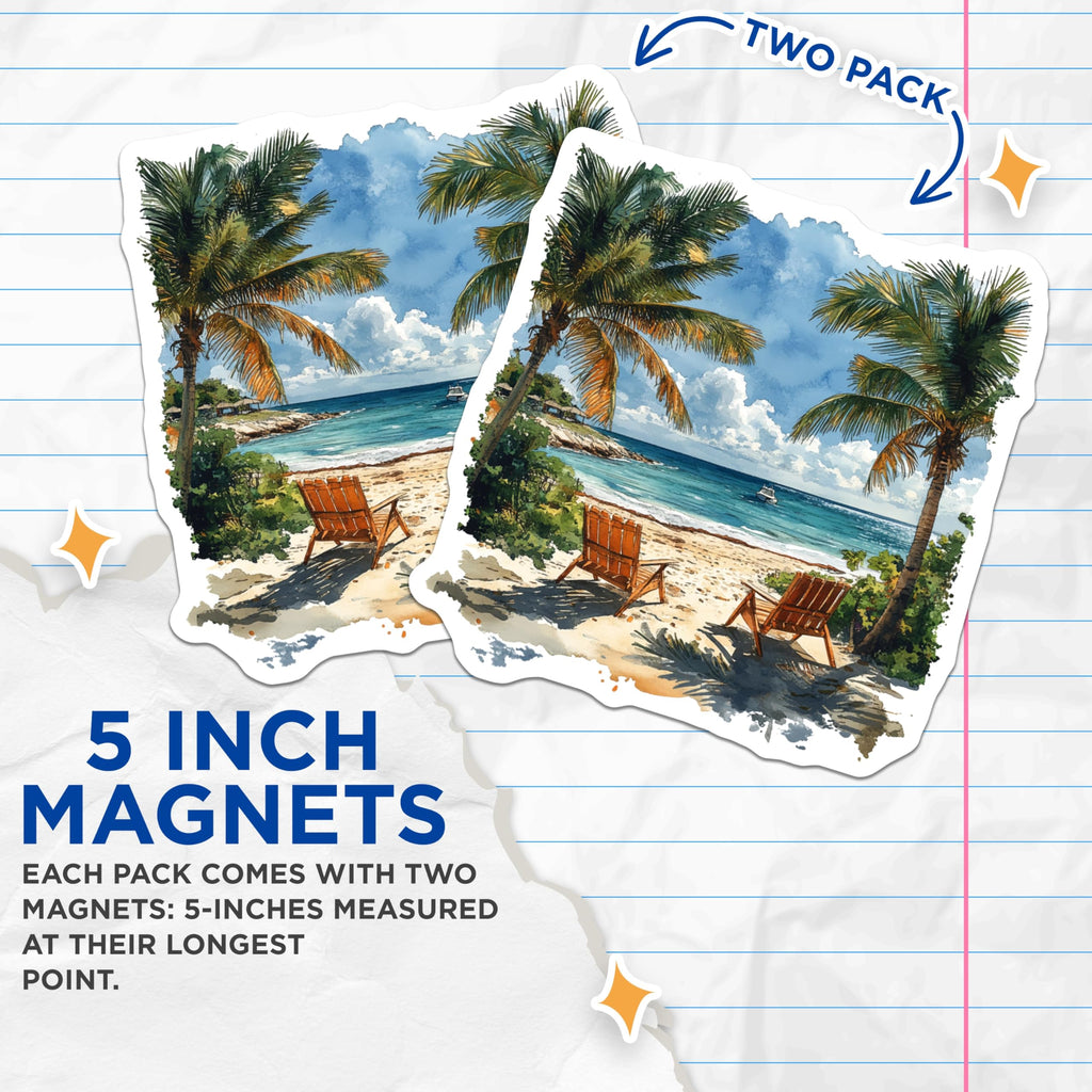 (2 Pack) Beach Scene Magnets - Tropical Ocean View - Vacation Planner Decor - Coastal Home Kitchen Refrigerator Magnets - 5 Inches On Longest Side - Thick Durable Magnet - Made in USA - MAG25934