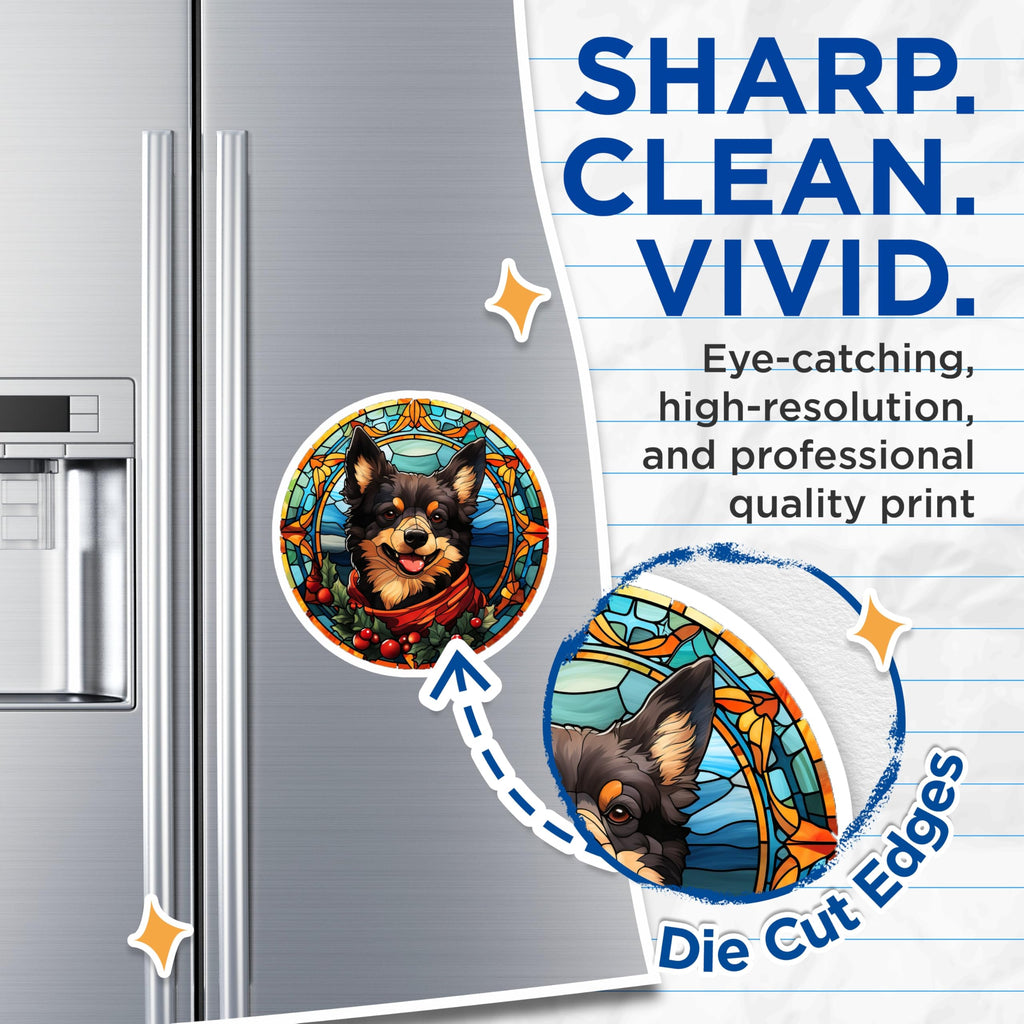 (2 Pack) Stained Glass Dog Magnets - Christmas Pomeranian Art - Festive Pet Lover Decor - Winter Holiday Home Accent - 5 Inches On Longest Side - Thick Durable Magnet - Made in USA - MAG24067