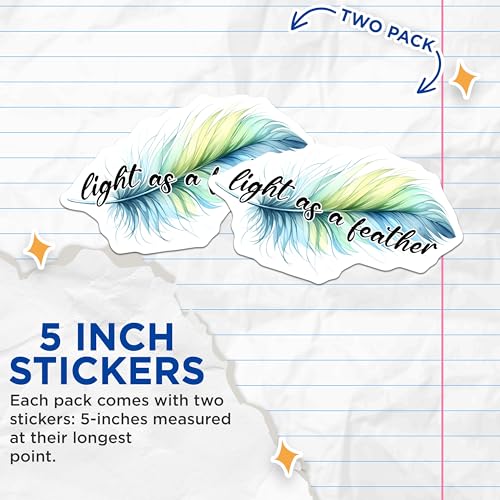 (2 Pack) Light as a Feather Stickers - Inspirational Quote - Watercolor Art - 5" On Longest Side - Sticks to Smooth Flat Surfaces - Made in USA - BMCS7558