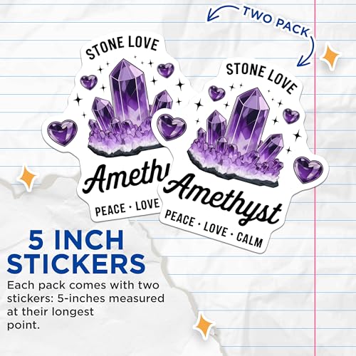 (2 Pack) Amethyst Stone Love Stickers - Peace Love Calm - Purple Crystal Heart Stickers - 5" On Longest Side - Sticks to Smooth Flat Surfaces - Made in USA - BMCS6595