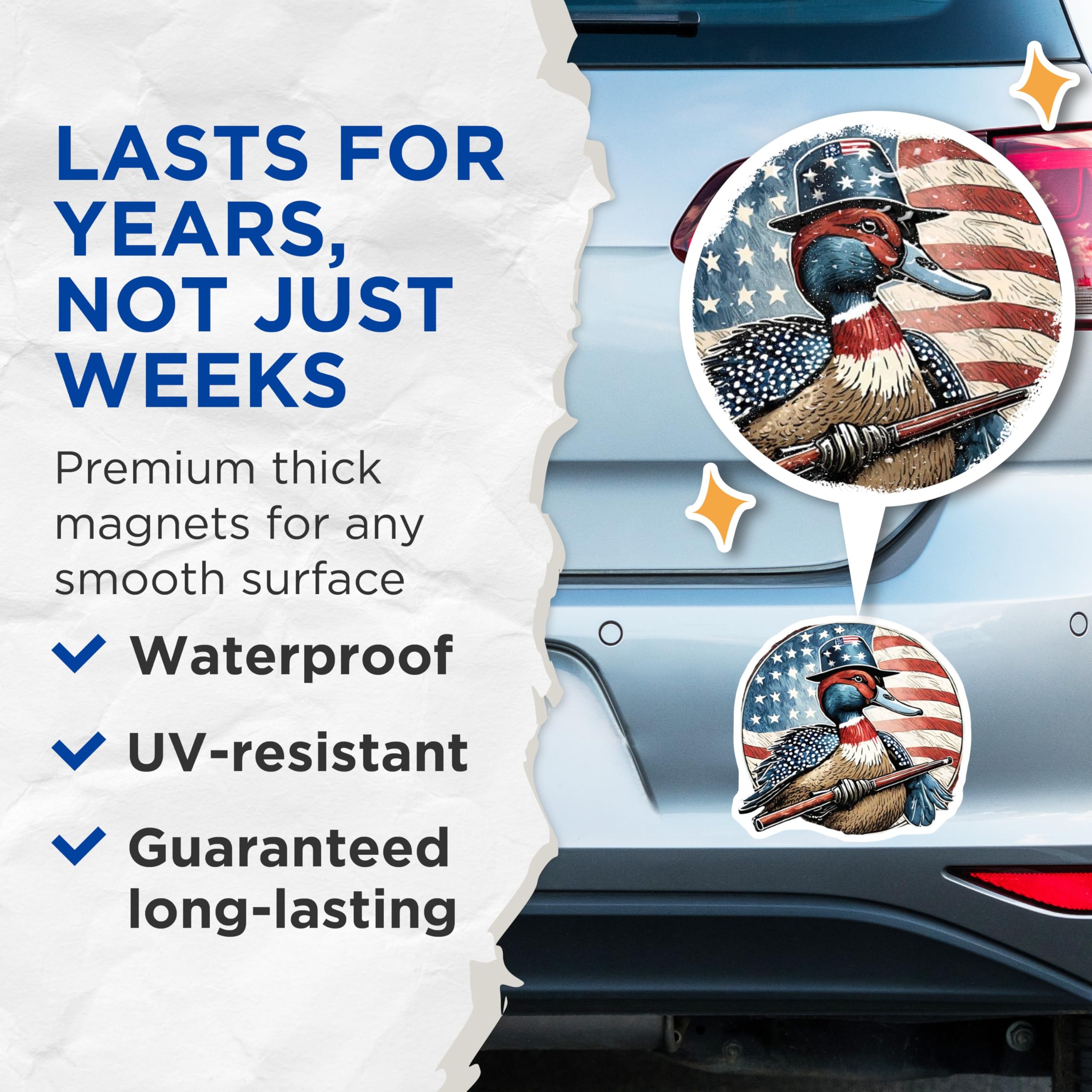 (2 Pack) Patriotic Duck Magnets - American Flag Wildlife Art - Uncle Sam Hunter Decor - 5 Inches On Longest Side - Thick Durable Magnet - Made in USA - MAG21498