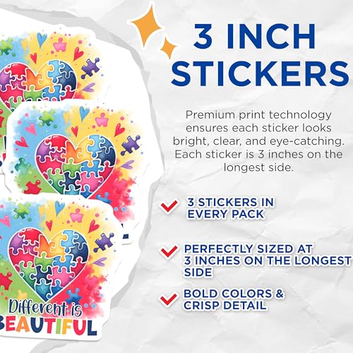 (3 Pack) Autism Awareness Decals - Puzzle Heart Stickers - Different is Beautiful Laptop Decals - 3 Inches On Longest Side - Easy Peel & Apply - Made in USA - 3MCS1978