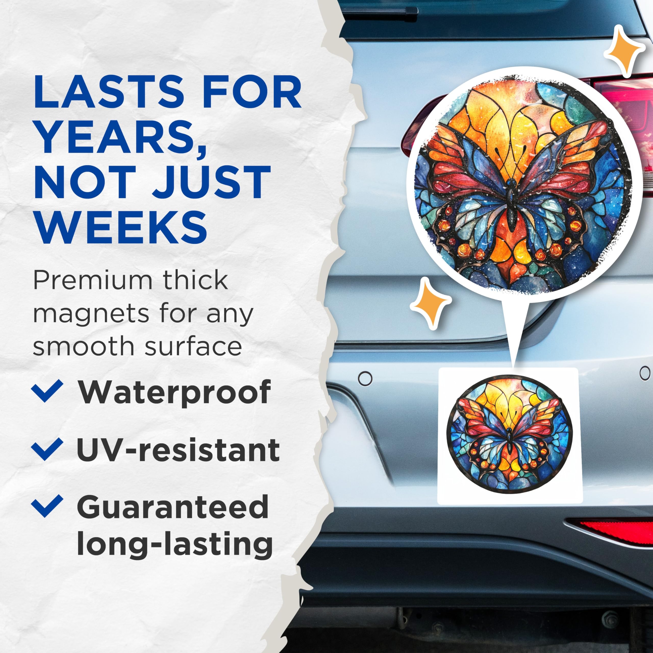 (2 Pack) Stained Glass Butterfly Magnets - Vibrant Kitchen Decor - Nature Lover Magnets - 5 Inches On Longest Side - Thick Durable Magnet - Made in USA - MAG30426