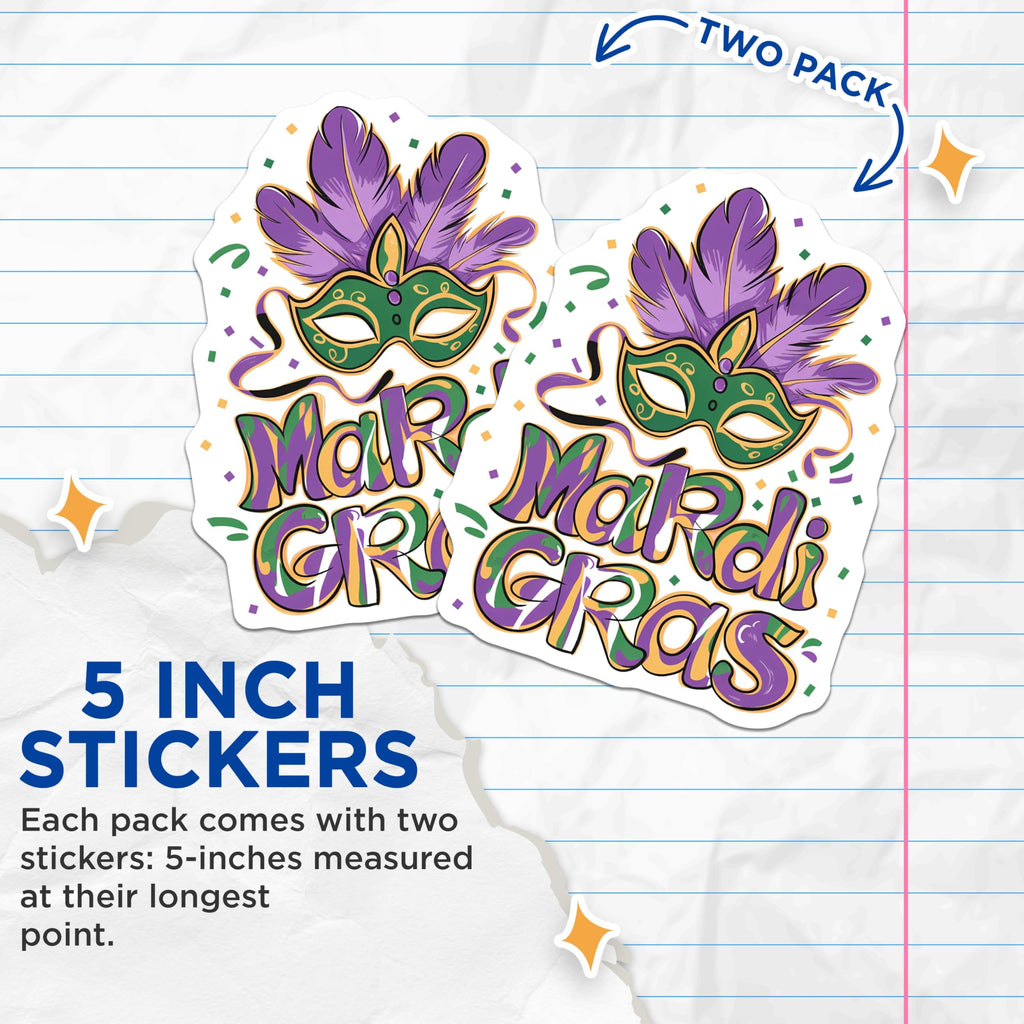 (2 Pack) Mardi Gras Stickers - Colorful Festival Mask Decals - Carnival Celebration Stickers - 5" On Longest Side - Sticks to Smooth Flat Surfaces - Made in USA - BMCS4137