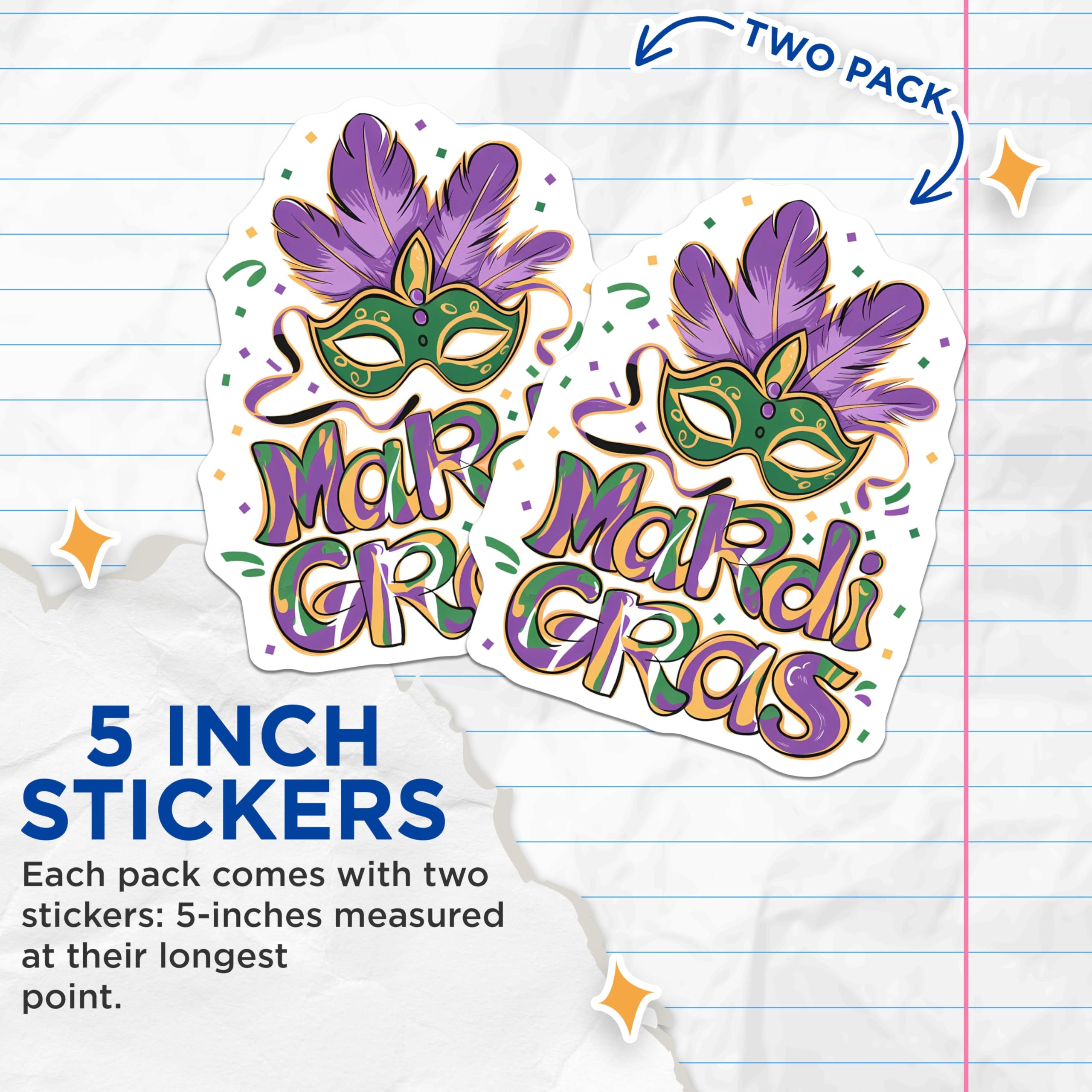 (2 Pack) Mardi Gras Stickers - Colorful Festival Mask Decals - Carnival Celebration Stickers - 5" On Longest Side - Sticks to Smooth Flat Surfaces - Made in USA - BMCS4137