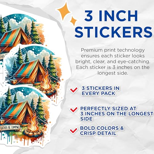 (3 Pack) Camping Decals - Outdoor Adventure Stickers - Laptop Decals- 3 Inches On Longest Side - Easy Peel & Apply - Made in USA - 3MCS5497