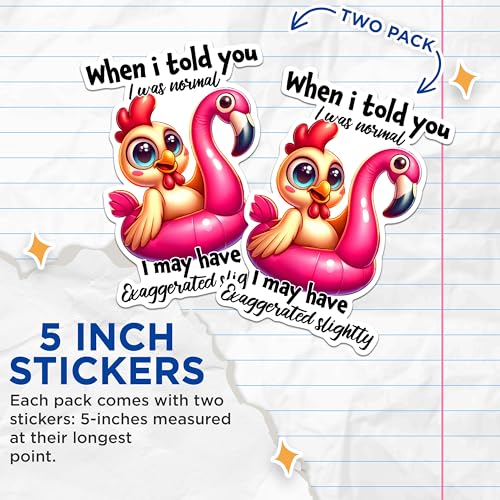 (2 Pack) Funny Chicken Stickers - Exaggerated Slightly Humor Stickers - Quirky Flamingo Stickers - 5" On Longest Side - Sticks to Any Smooth Flat Surface - Made in USA - BMCS2929