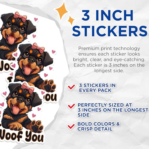 (3 Pack) Rottweiler I Woof You Decals - Puppy Love - Cute Dog Stickers - 3 Inches On Longest Side - Easy Peel & Apply - Made in USA - 3MCS1210