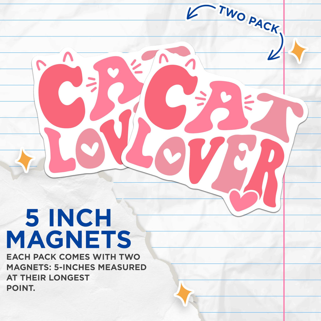 (2 Pack) Cat Lover Magnets - Cute Cat Illustrator Magnets - Cat Enthusiast Fridge Decor Magnets - 5" On Longest Side - for Cars, Refrigerators, Toolboxes, Lockers - Made in USA BMCS3379