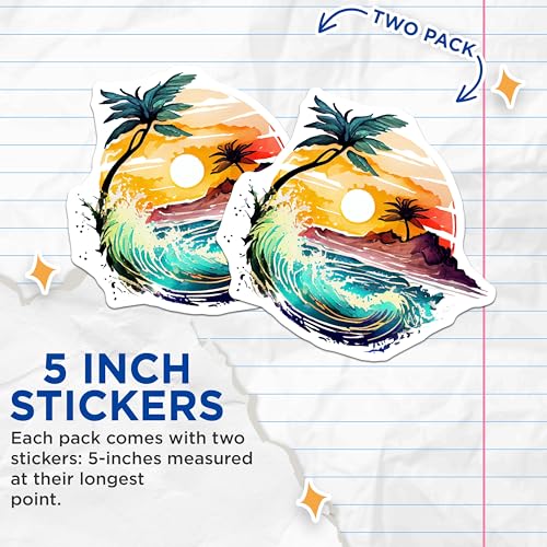 (2 Pack) Beach Sunset Stickers - Tropical Island - Ocean Waves - 5" On Longest Side - Sticks to Smooth Flat Surfaces - Made in USA - BMCS9269