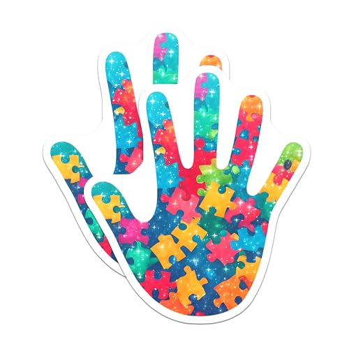 (2 Pack) Autism Awareness Stickers - Colorful Puzzle Piece Hand - Special Needs Advocacy - 5" On Longest Side - Sticks to Smooth Flat Surfaces - Made in USA - BMCS7892