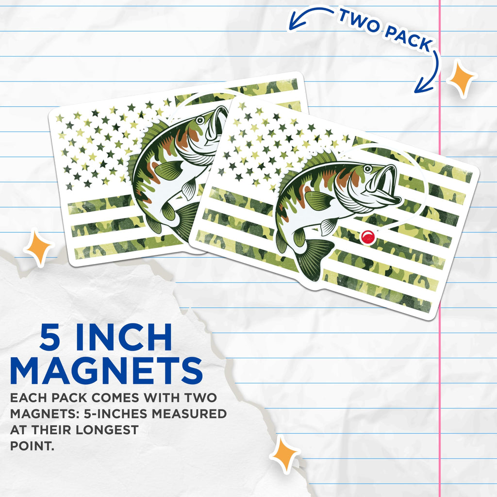(2 Pack) Bass Fishing Magnets - Camo American Flag - Patriotic Fisherman Decor - 5" On Longest Side - Premium Magnet - for Cars, Refrigerators, Toolboxes, Lockers - Made in USA - MAG16582
