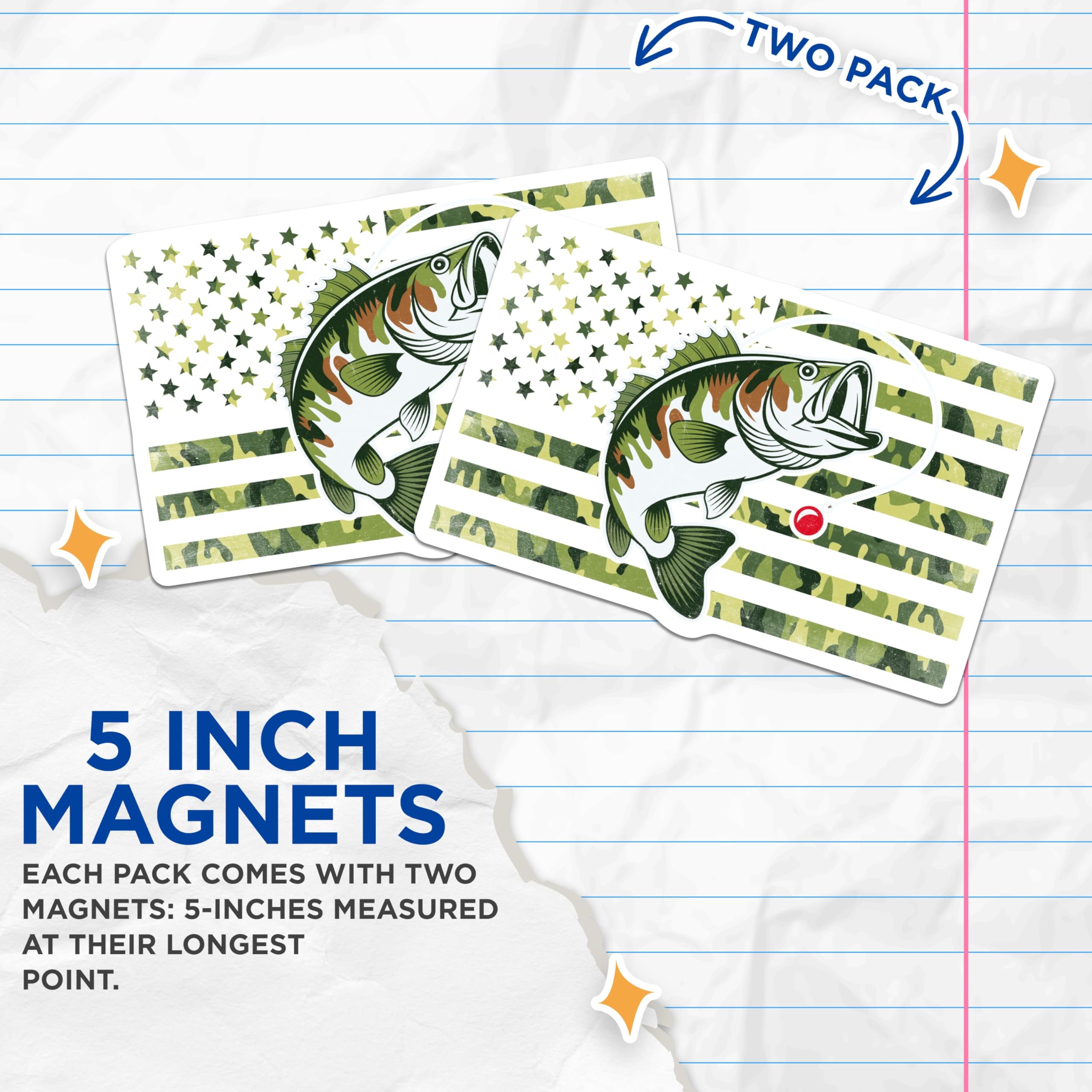 (2 Pack) Bass Fishing Magnets - Camo American Flag - Patriotic Fisherman Decor - 5" On Longest Side - Premium Magnet - for Cars, Refrigerators, Toolboxes, Lockers - Made in USA - MAG16582