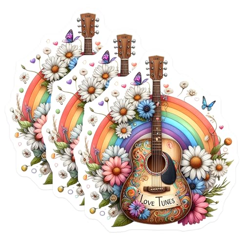 (3 Pack) Guitar Rainbow Decals - Musical Instrument Stickers - Flower Power Decal - 3 Inches On Longest Side - Easy Peel & Apply - Made in USA - 3MCS4912