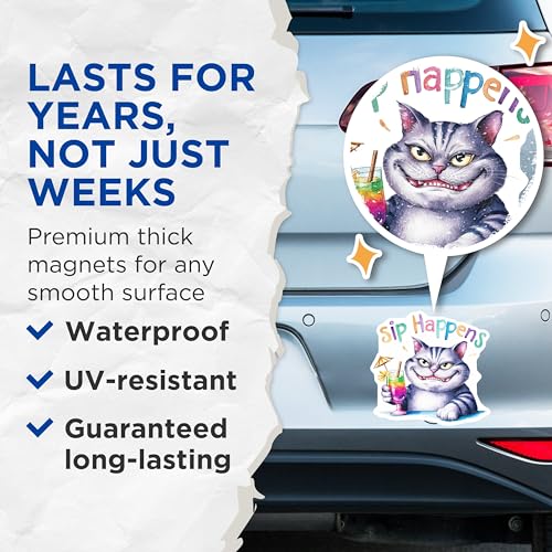 (2 Pack) Sip Happens Magnets Magnets - Funny Cat Magnet - Party Theme Magnet Decorations for Fridge and Office - 5" On Longest Side - Made in USA - Sticks to Refrigerators & Metal Surfaces - MAG8555