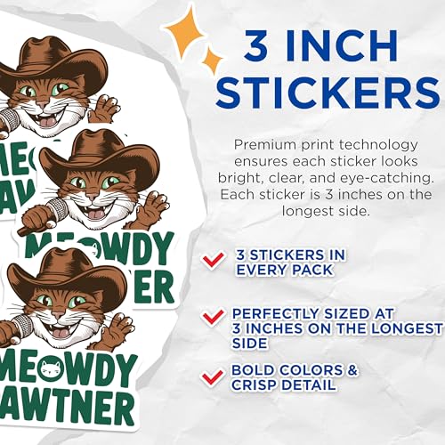 (3 Pack) Cowboy Cat Decals - Meowdy Pawtner - Western Kitty Laptop Decals - 3 Inches On Longest Side - Easy Peel & Apply - Made in USA - 3MCS4696