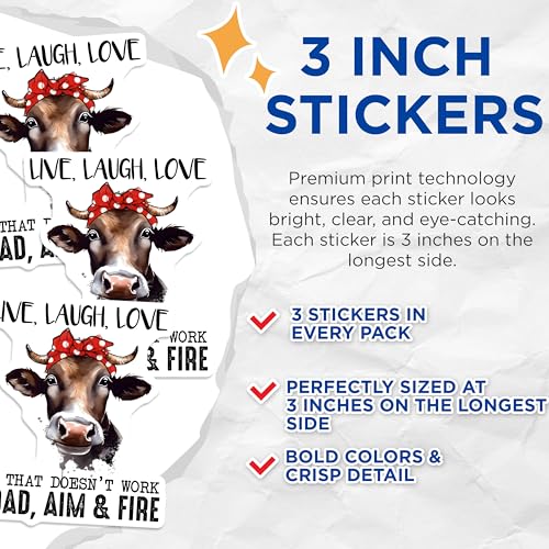 (3 Pack) Funny Cow Decals - Live Laugh Love - Laptop Decals - 3 Inches On Longest Side - Easy Peel & Apply - Made in USA - 3MCS6501