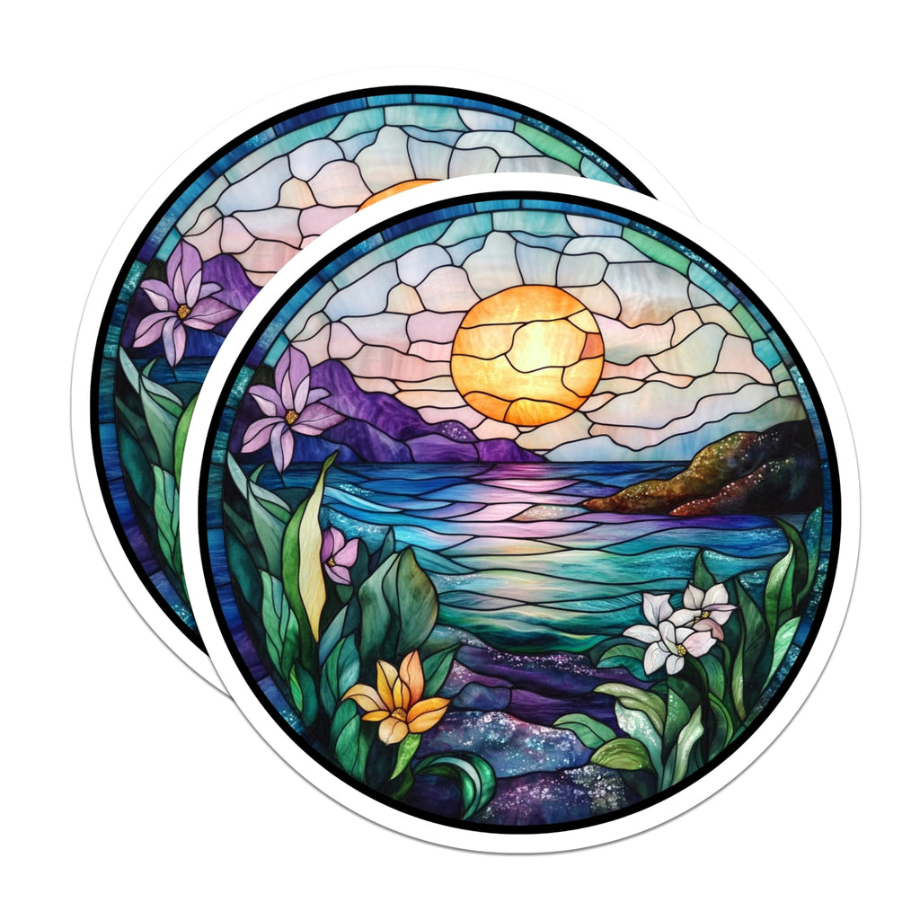 (2 Pack) Stained Glass Ocean Magnets - Vibrant Sunset Landscape - Artistic Tropical Refrigerator Accents - 5 Inches On Longest Side - Thick Durable Magnet - Made in USA - MAG24170
