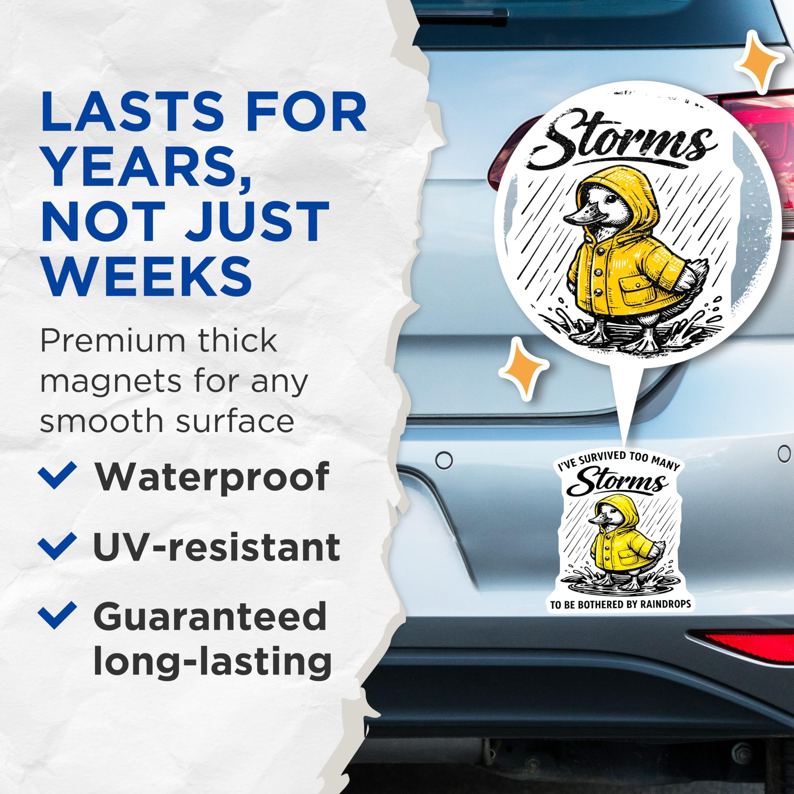 (2 Pack) Duck Raincoat Magnets - Storm Survivor Quote - Inspirational Refrigerator Decor - 5 Inches On Longest Side - Thick Durable Magnet - Made in USA - MAG22157