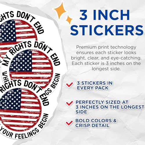 (3 Pack) American Flag Decals - My Rights Don't End - Laptop Decal - 3 Inches On Longest Side - Easy Peel & Apply - Made in USA - 3MCS0941
