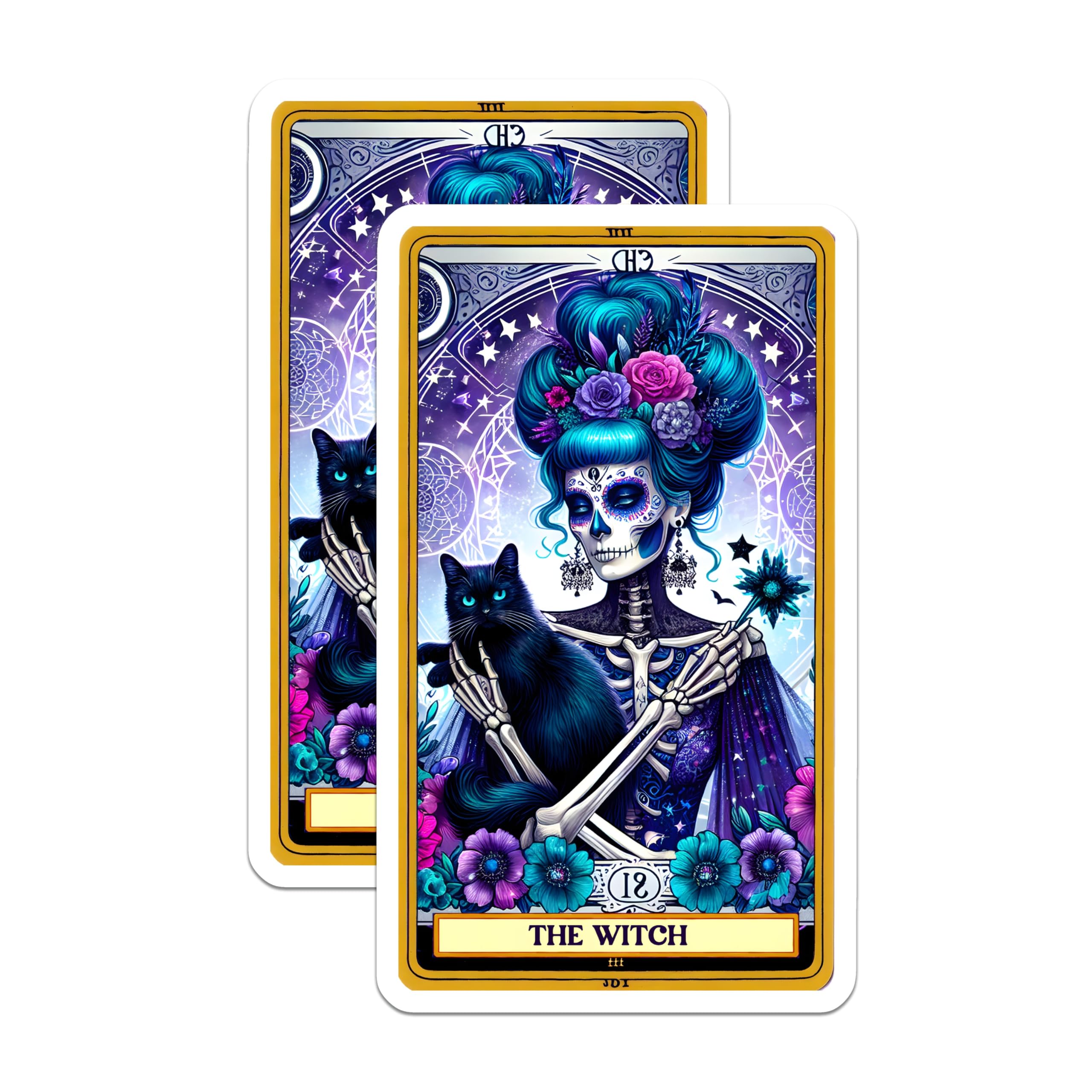 (2 Pack) Day of the Dead Witch Tarot Magnets - Sugar Skull Skeleton Lady Art - Black Cat Familiar Gothic Decor - 5 Inches On Longest Side - Thick Durable Magnet - Made in USA - MAG23969