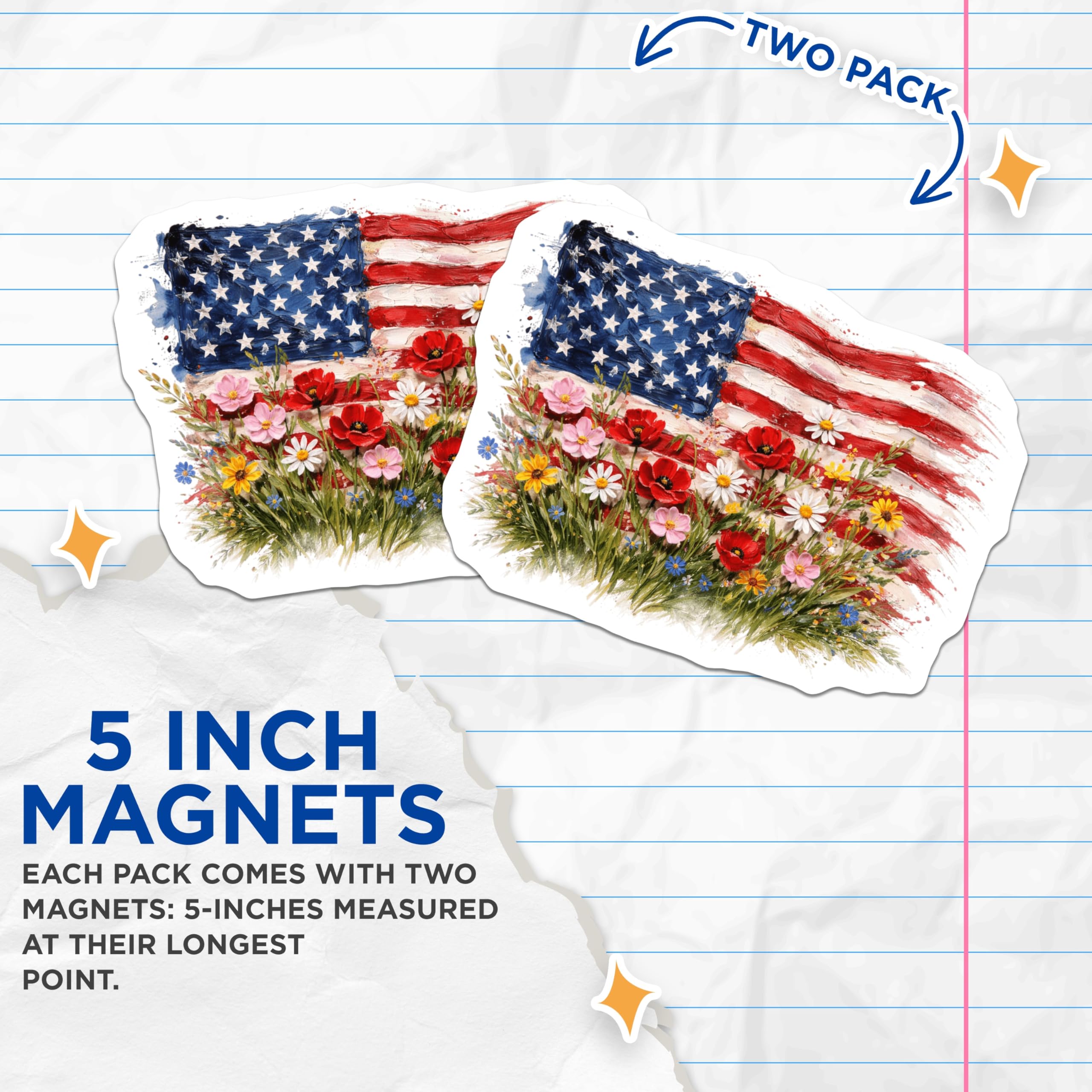 (2 Pack) American Flag Magnets - Wildflower Patriotic Decor - Independence Day - Veterans Day - Memorial Day - 5 Inches On Longest Side - Thick Durable Magnet - Made in USA - MAG22780