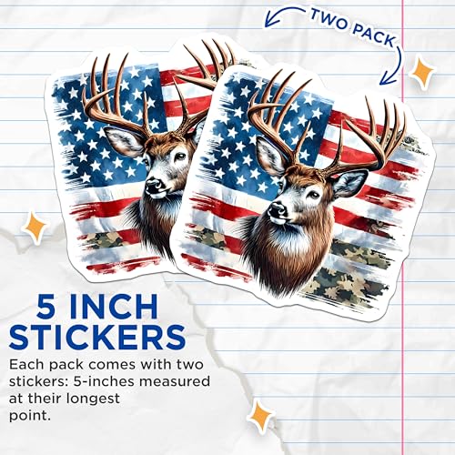 (2 Pack) Deer Hunting Stickers - Patriotic American Flag - Wildlife Deer Art - 5" On Longest Side - Sticks to Smooth Flat Surfaces - Made in USA - BMCS9831