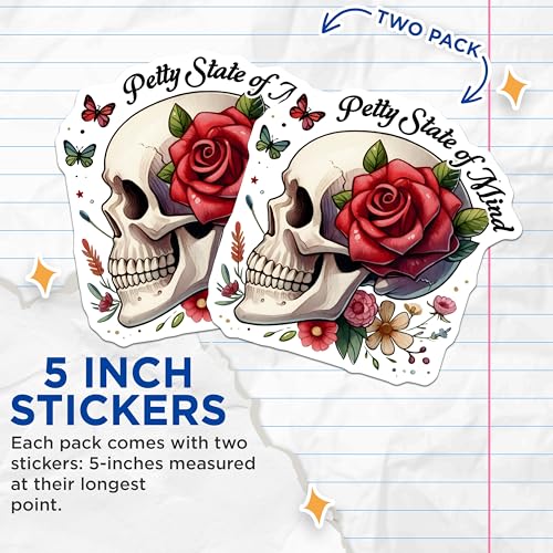 (2 Pack) Floral Skull Set Stickers - Rose and Skull Decal - Gothic Skull Art Design - 5" On Longest Side - Sticks to Smooth Flat Surfaces - Made in USA - BMCS7380