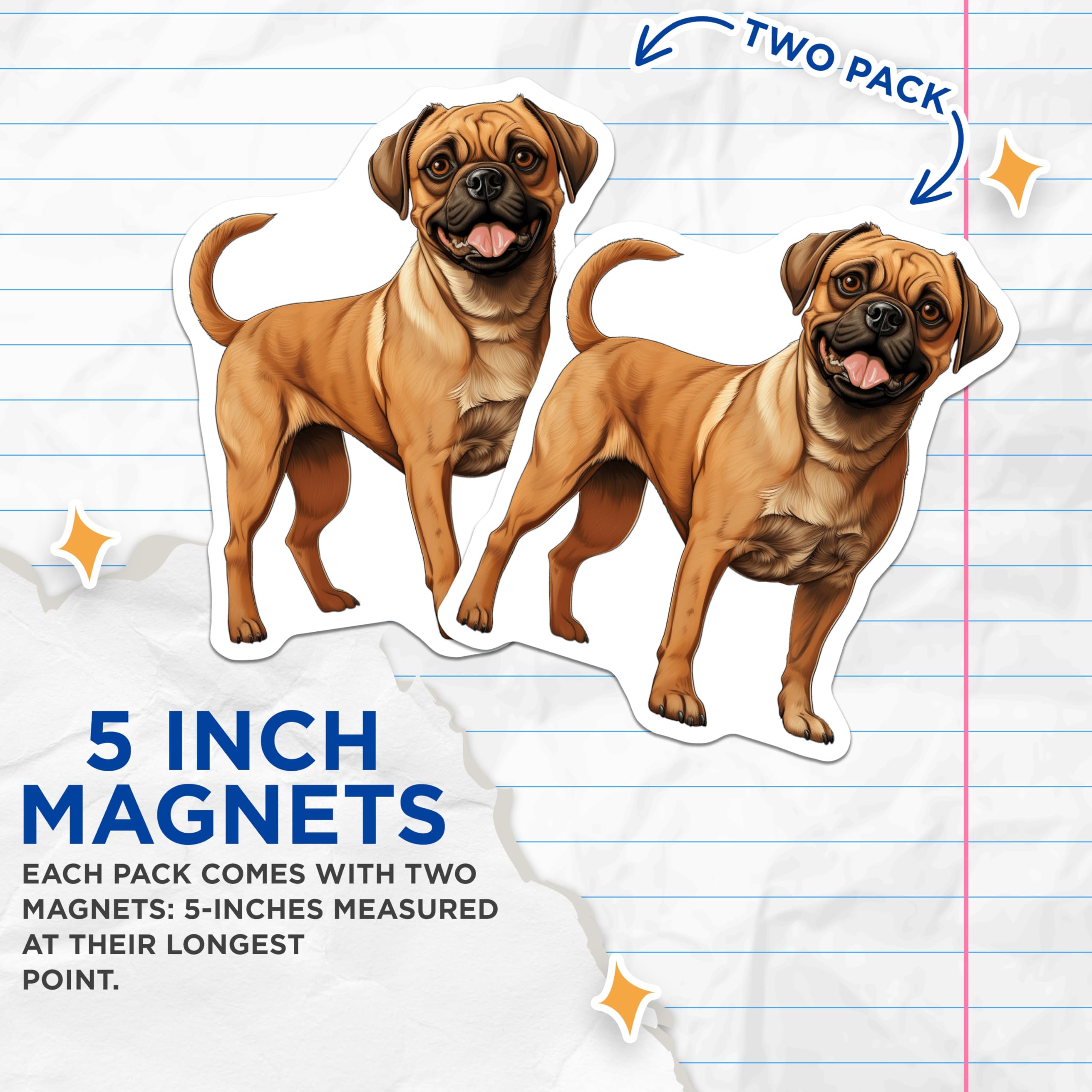 (2 Pack) Puggle Dog Magnets - Cute Pet Breed Art - Animal Lover Refrigerator Decor - Dog Mom Dad Fridge Locker Accessory - 5 Inches On Longest Side - Thick Durable Magnet - Made in USA - MAG26853