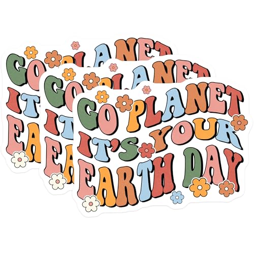 (3 Pack) Earth Day Decals - Go Planet Its Your Day - Retro Flower Power Laptop Decal - 3 Inches On Longest Side - Easy Peel & Apply - Made in USA - 3MCS7483