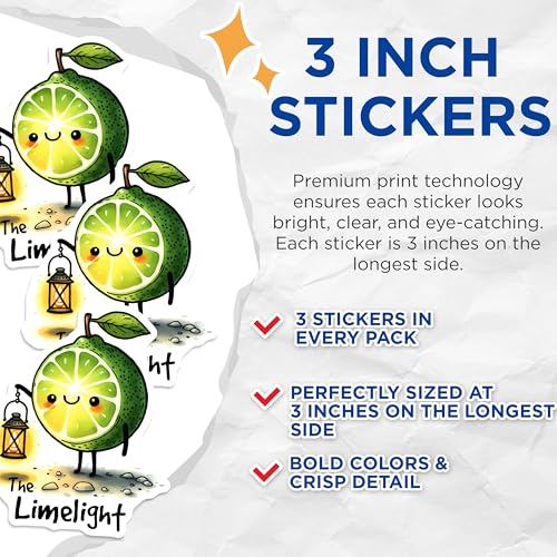 (3 Pack) Lime Decals - Funny Fruit Stickers - The Limelight Decal - 3 Inches On Longest Side - Easy Peel & Apply - Made in USA - 3MCS6349