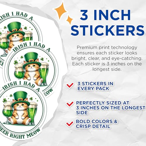 (3 Pack) Irish Cat Beer Decals - St Patricks Day - Lucky Kitten Laptop Decal - 3 Inches On Longest Side - Easy Peel & Apply - Made in USA - 3MCS6875