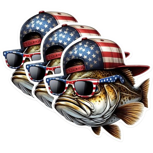 (3 Pack) Fish with American Flag Decals - Patriotic Bass - Fishing Lover Decal - 3 Inches On Longest Side - Easy Peel & Apply - Made in USA - 3MCS0261