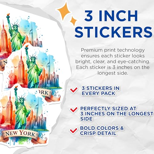 (3 Pack) New York Decals - Statue of Liberty Stickers - NYC Skyline- 3 Inches On Longest Side - Easy Peel & Apply - Made in USA - 3MCS5797
