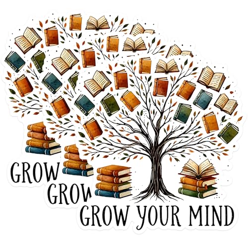 (3 Pack) Book Tree Decals - Grow Your Mind Sticker - Laptop Decal - Reader Gift - 3 Inches On Longest Side - Easy Peel & Apply - Made in USA - 3MCS1568