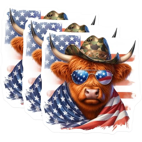 (3 Pack) Highland Cow Decals - Patriotic Bull - American Flag - Laptop Decals- 3 Inches On Longest Side - Easy Peel & Apply - Made in USA - 3MCS5117