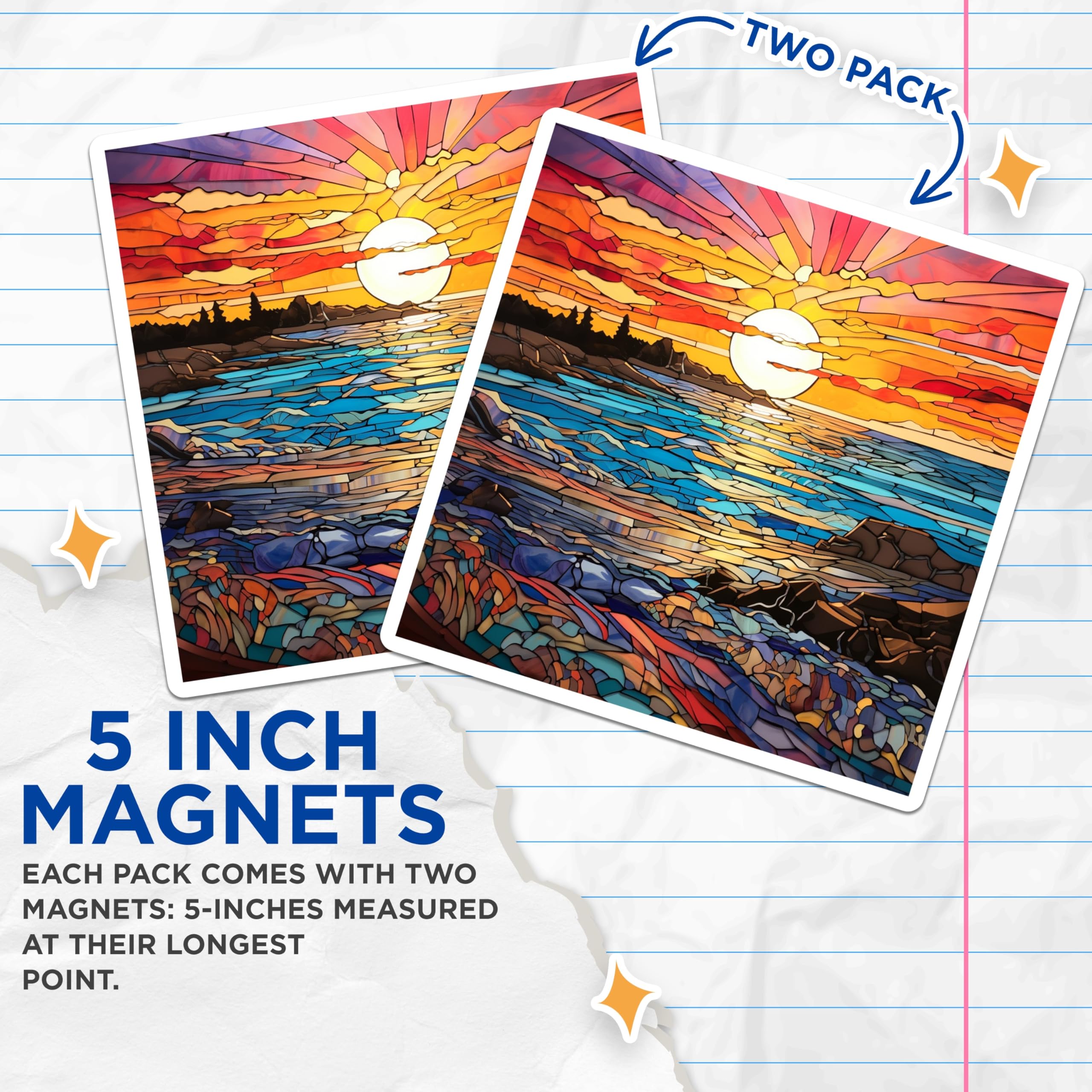 (2 Pack) Stained Glass Sunset Ocean Magnets - Vibrant Seascape Art - Coastal Home Decor Accents - 5 Inches On Longest Side - Thick Durable Magnet - Made in USA - MAG29769